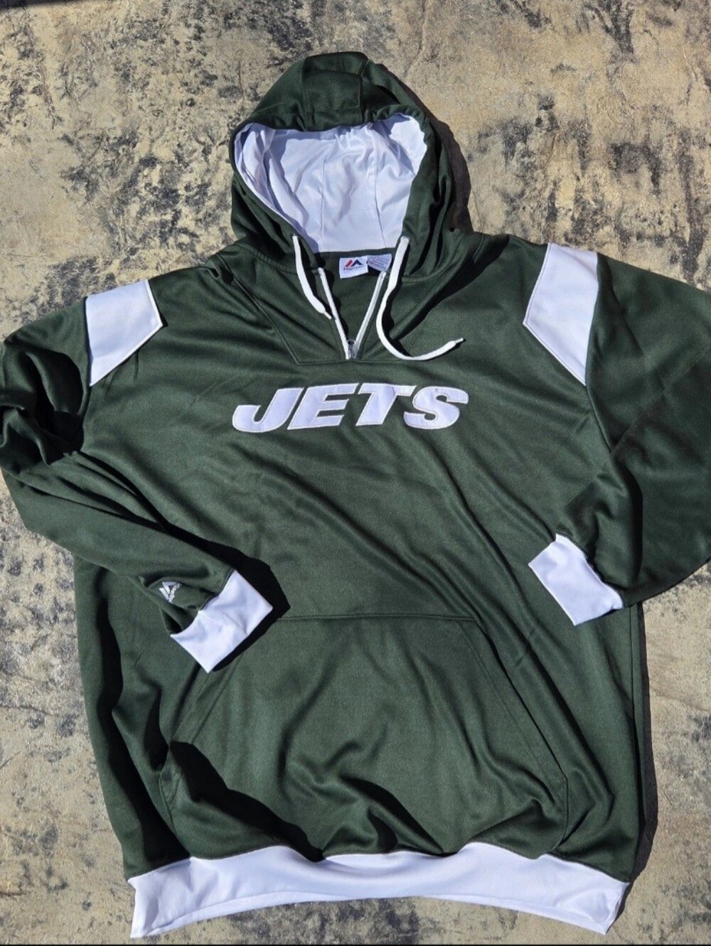 Majestic Men's Green and White Zip-Up Sweater - Jets Logo